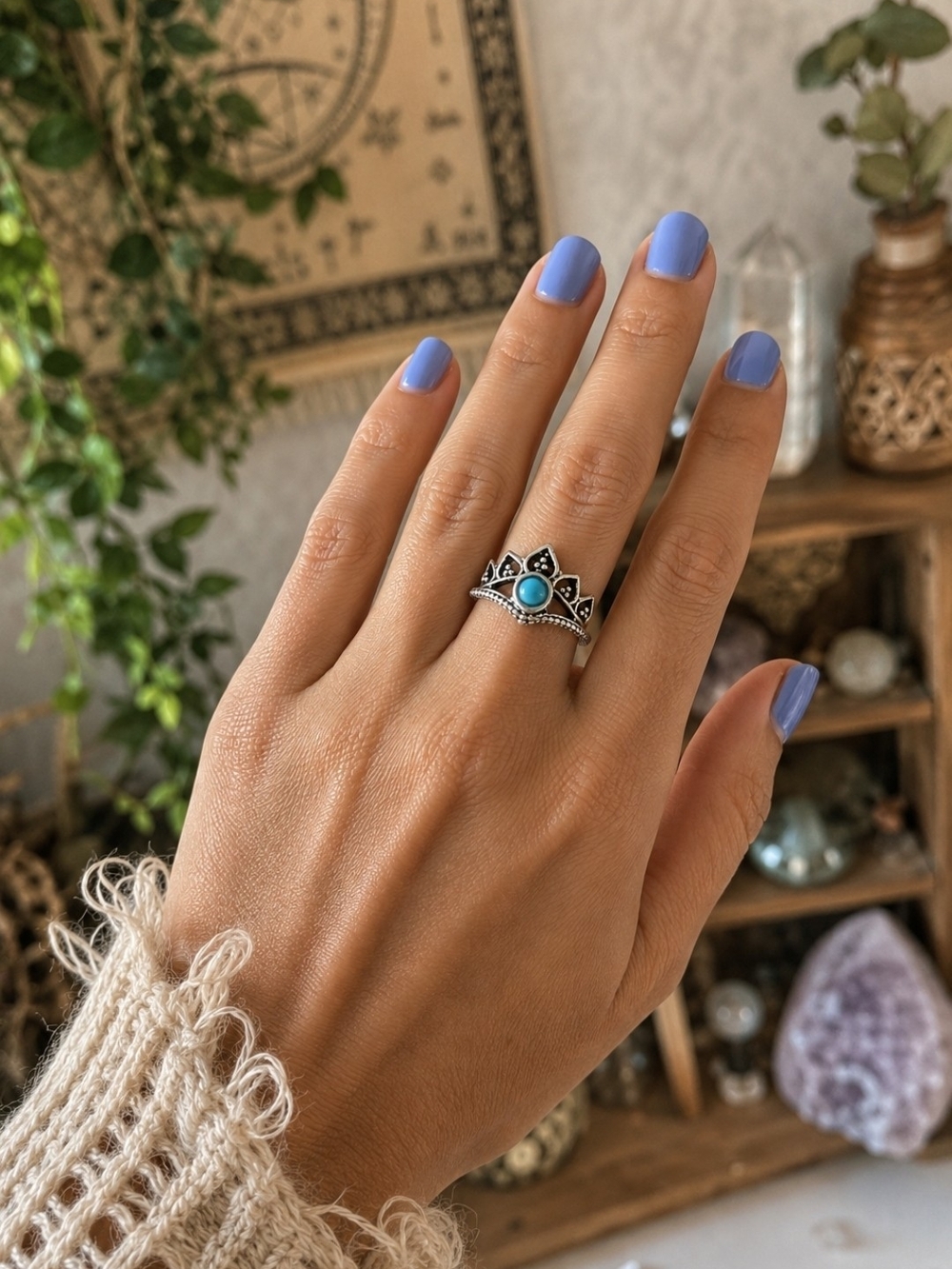 4/$15 Silver Tone Turquoise Crown Stackable Ring Boho Western Wear